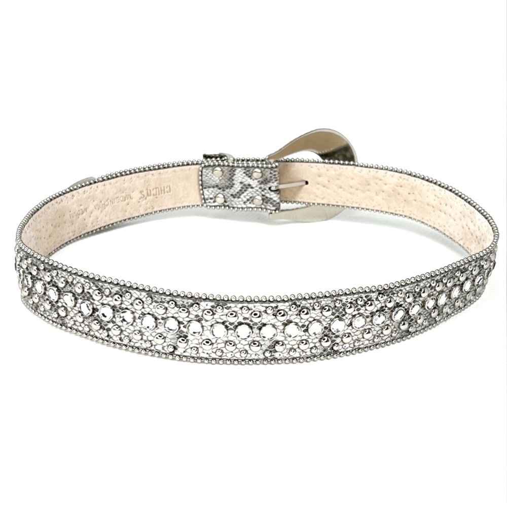 Chico’s Belt “Celestial” Python Snake Pattern Rhinestones Silver Studded Medium - Picture 3 of 9